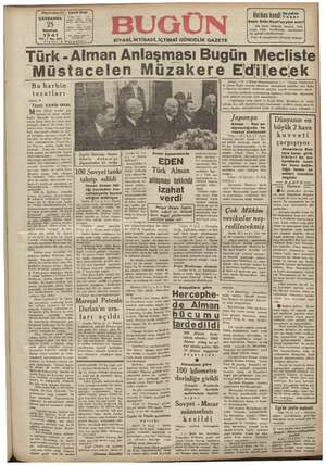 Bugün Gazetesi 25 Haziran 1941 kapağı