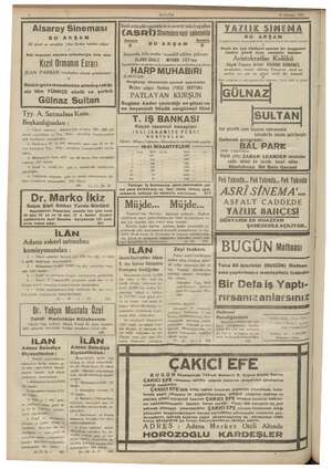    “ 26 Haziran 1941 amm 4 BUGÜN İN ği N İCASRİSienannvsi saamunda | YAZIK SİNEMA .Alsaray Sineması BU AKŞAM s e İki güzel ve