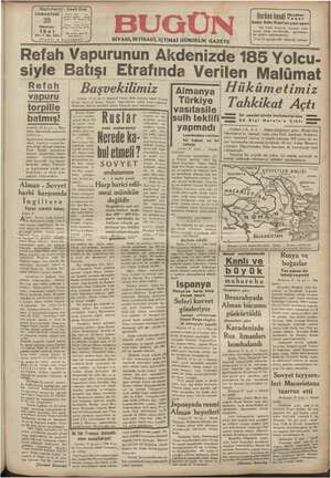 Bugün Gazetesi 28 Haziran 1941 kapağı