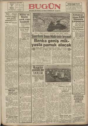 Bugün Gazetesi 29 Haziran 1941 kapağı