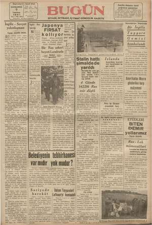 Bugün Gazetesi 9 Temmuz 1941 kapağı