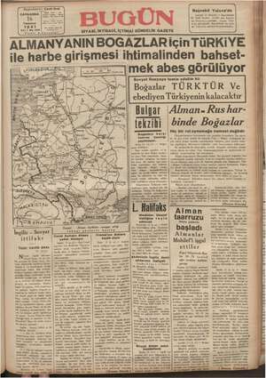 Bugün Gazetesi 16 Temmuz 1941 kapağı