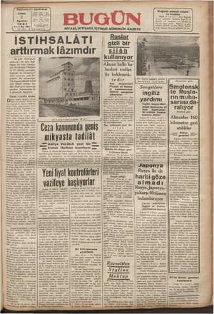 Bugün Gazetesi 1 Ağustos 1941 kapağı