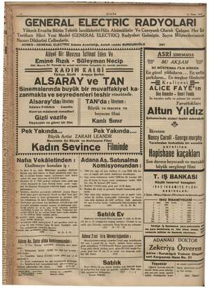    dâhdadaladddâldi “GENERAL ELECTRİC RADYOLARI Yüksek Evsafta Bütün BUGÜN 21 Nisan 1942 Teknik İnceliklerini Hâiz Akümülâtör