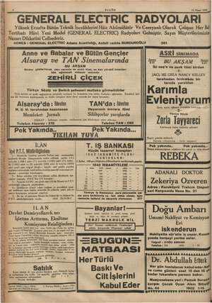  BUGÜN 24 Nisan 1942 GENERAL ELECTRİC RADYOLARI Yüksek Evsafta Bütün Teknik İnceliklerini Hâiz Akümülâtör Ve Cereyanlı Olarak