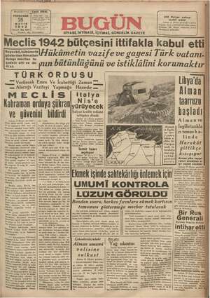 Bugün Gazetesi 28 Mayıs 1942 kapağı