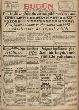 Bugün Gazetesi 16 Temmuz 1942 kapağı