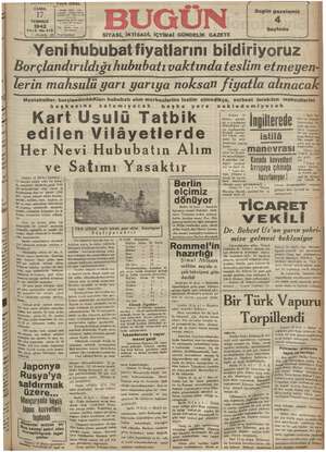Bugün Gazetesi 17 Temmuz 1942 kapağı