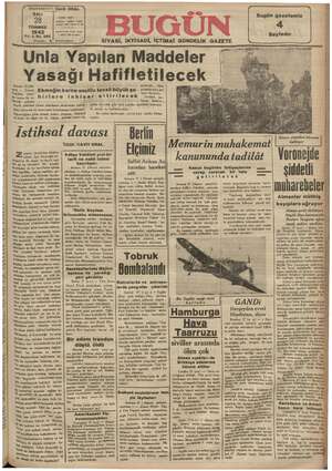 Bugün Gazetesi 28 Temmuz 1942 kapağı