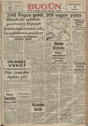 Bugün Gazetesi 31 Temmuz 1942 kapağı