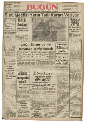 Bugün Gazetesi 13 Ağustos 1942 kapağı