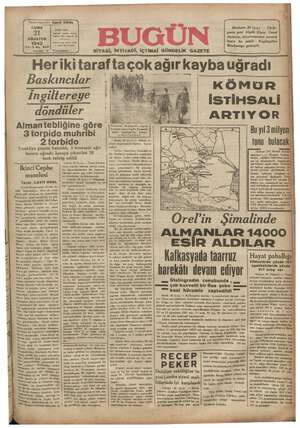Bugün Gazetesi 21 Ağustos 1942 kapağı