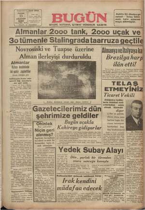 Bugün Gazetesi 23 Ağustos 1942 kapağı