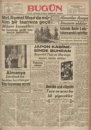 Bugün Gazetesi 2 Eylül 1942 kapağı