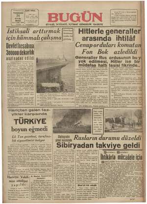 Bugün Gazetesi 24 Eylül 1942 kapağı