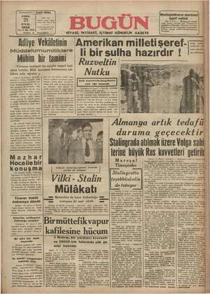 Bugün Gazetesi 25 Eylül 1942 kapağı