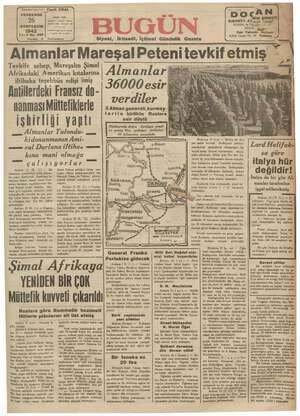 Bugün Gazetesi 26 Kasım 1942 kapağı