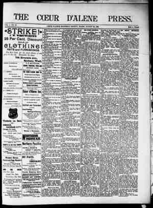 The Coeur d'Alene Press Newspaper August 20, 1892 kapağı