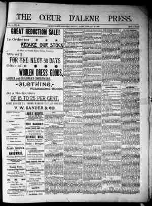The Coeur d'Alene Press Newspaper January 21, 1893 kapağı