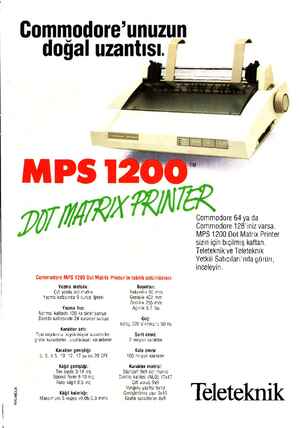  Gommodore'unuzun doğal uzantısı. * Commodore 64 ya da Commodore 128'iniz varsa, MPS 1200 Dot Matrix Printer sizin için...