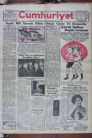 Cumhuriyet Gazetesi April 23, 1929 kapağı