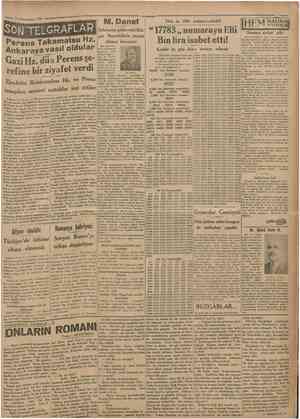  14 Kânumısani 1931 SON TELGRAFLAR Perens Takamatsu Hz. Ankaraya vasıl oldular Danef Cumhuriyet Şehrimize gelen eski Bulgar