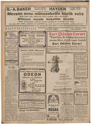  HAYDEN G. A.BAKER Mevsim sonu münasebetile büyük satış Beyoğlu, istiklâl caddesi No. 306 308 beyoğlu istiklâl caddesi No. 479