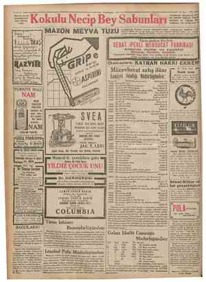  Gliserin ve bademyağından imal edilmiş sıhhî Kokulu Necip Bey Sabunları MAZON MEYVA TUZU Cumhuriyet 24 Mart 1932 Tuvalet için