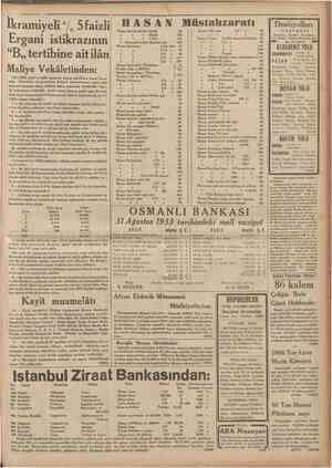  Ikramiyeli °/o 5 faizli H A S A N Müstahzaratı Ergani istikrazınm "B,, tertibine ait ilân Maliye Vekâletinden: 14/1/1933...