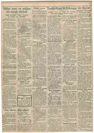  1 Ştıbıt 19S4 Hitler yeni ve mühim bir nutuk söyledi İngiliz gazeteleri nutkun Fransaya ait kısmmı çok beğendiler fBirinct