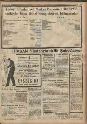  1 Mart 1934 ^Cumhurtyet Türkiye Cumhuriyet Merkez Bankasının 31/12/1933 tarihinde biten ikinci hesap devresi bilânçosudur...