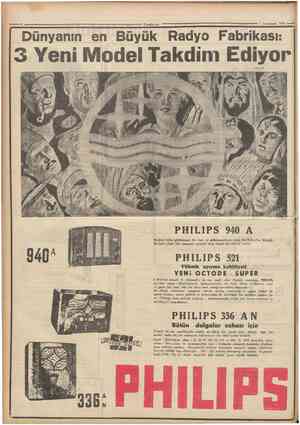  • • Camhariyet 7 Teşrinisani 1934 Dünyanın en Büyük Radyo Fabrikasi: Yeni odel Takdım diyor PHILIPS 940 A 940 Bngune kadar