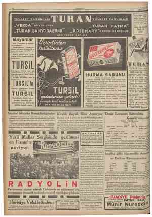  19 Temımı* 1935 TUVALET SABUNLARI «VERDA BÜYÜK LÜKS TURAN HER YERDE SATILIR TUVALET SABUNLARI .TURAN BANYO SABUNU ..TURAN...