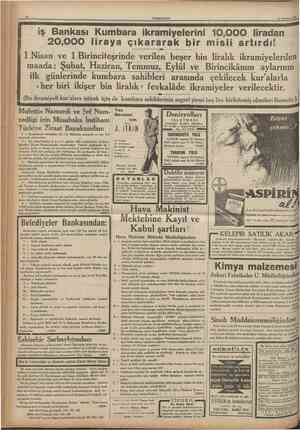  CUMHURÎYET 22 Temmuz 1935 îş Bankası Kumbara îkramiyelerîni 10,000 liradan 20,000 liraya çıkararak bir mislî artırdı! 1 Nisan