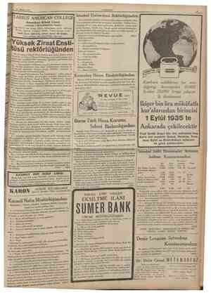  21 Afustos 1935 CUMHURTYET TARSUS AMERICAN COLLEGE Amerikan Erkek Lisesi tedrisat 1 Birinciteşrinde başlar. Tam devreli Lise