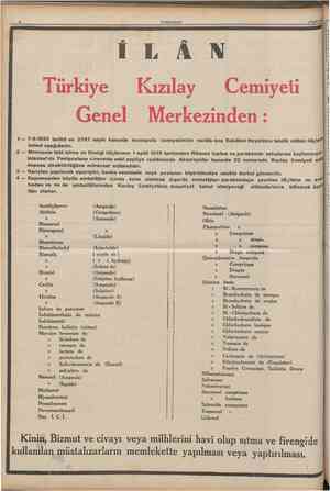  1 L Türkiye Kızılay Cemiyeti Genel \ Merkezinden: 1 2 761935 tarihli ve 2767 sayılı kanunla monopolu cemiyetimize verilib...