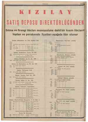  12 K I SATIS DEPOSU DİREKTORLUGUNDEN Sıtma ve firengi ilâcları monopoluna dahil bir kısım ilâcların toptan ve perakende...