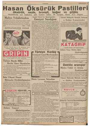  10 CUMHÜRtYET Iİ Birînciteşrîn 1935 Hasan Oksürük Pastilleri öğü öksürük, nezle, bronşît, boğaz ve göğüs Hastahklarile sesi