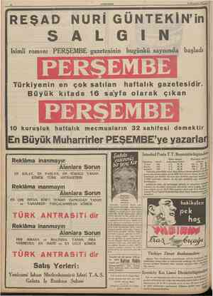  12 CUMHURİYET İî îklnciteşrin 1935 REŞAD NURI GUNTEKIN'in Isimli romanı PERŞEMBE gazetesinin bugünkü sayısmda başladı...