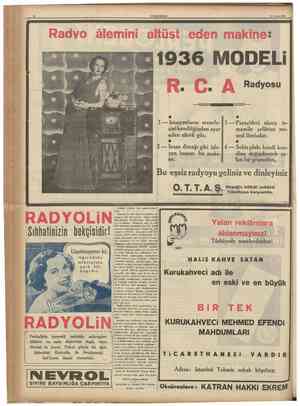  CUMHURÎYET 23 Nisan 1936 Radvo âleminî altüst eden makine= Radyosu 1 Istasyonların mesafe 3 Parazitleri süzen tasini...