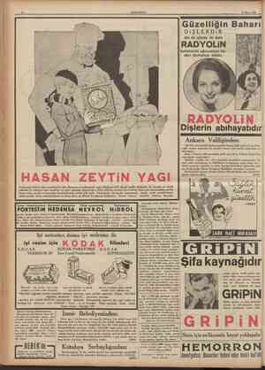  10 CUMHURÎYET 26 Mayıs 1936 DiŞLERDiR uzellıgın Baharı kullanarak ağzınızdaki baahrı muhafaza ediniz. RADYOLİN Siz de günde