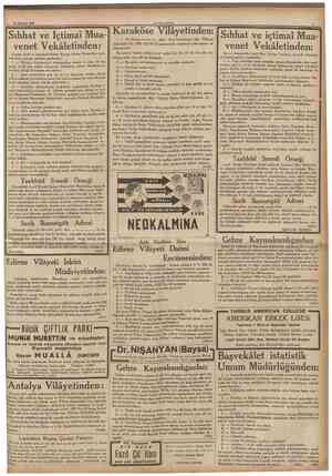  16 Ağustos 1938 CUMHURtYET Sıhhat ve Içtimaî Mua Karaköse Vilâyetiın venet Vekâletinden: Çorum Leylî ve tstanbul Neharî Küçük