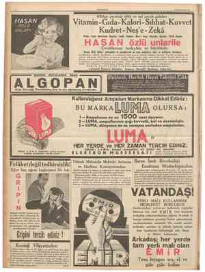 CUMHURİYET 24 Birlncikâmm 1936 Vitamin Gıda Kalori Şıhhat Kuvvet Kudret Neş'e Zekâ Pirinc Yulaf Mercimek Buğday İrmik Pataies