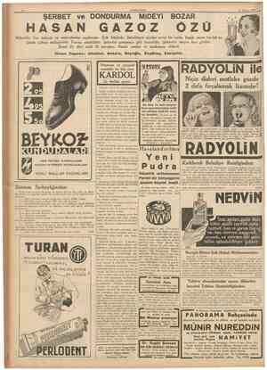  10 CUTVTHURIYET 11 Haziran 1937 HASAN ŞERBET ve DONDURMA GAZOZ Heyecan ve çarpıntı emsalsiz bir ilâç olan MiDEYi BOZAR ÛZO