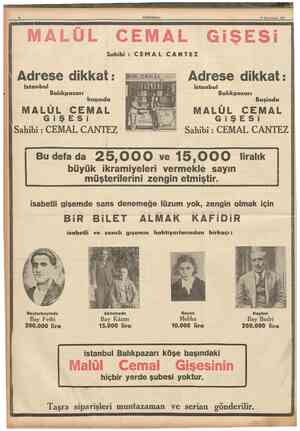  2 CUMHURİYET 14 Birinciteşrin 1937 MALÜL CEMAL GiŞESİi Sahibi : CEMAL CANTEZ Adrese dikkat: Adrese dikkat: E Istanbul...