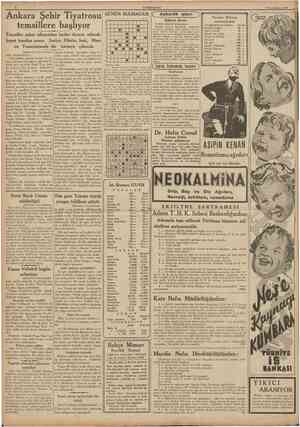  CUMHURİYET 9 tkincikânun 1938 Ankara Şehir Tiyatrosu temsillere başlıyor » GÜNÜN BULMACASI Ç ÜNÜ 1 • i* > Askerlik işleri...