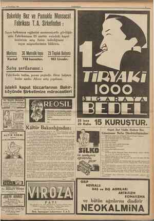  24 Tkincikfimm 1938 CUMHURİYET Bakırköy Bez ve Pamuklu Mensucat Fabrikası T. A. Sirketinden: Sayın halkımızın rağbetini...