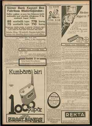  7 Şubat 1938 CUMHURtYET Sümer Bank Kayseri Bez Fabrikası Müdürlüğünden : Hallcın sağlam ve ucuz bez ihtiyacını temin...