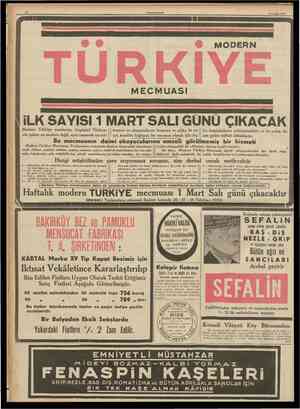  12 CUMHURtYET 21 Subat 1938 MODERN MECMUASI Modern Türkiye mecmuası, bugünkü Türkiyenin yalnız en modern değil, ayni zamanda