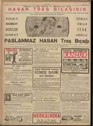  CUMHURIYEt 11 Mart 1938 HASAN KESKİNLİK MUKEMMELİYET Türkiyenin ve bütün dünyanm TRAŞ en mükemmel BIÇAGIDIR SURAT I traş...